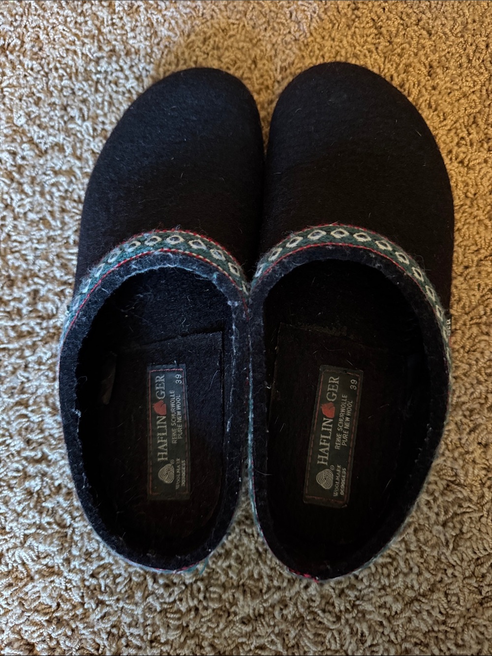 Haflinger Black Wool  Slip-On Slippers with Multicolor Trim